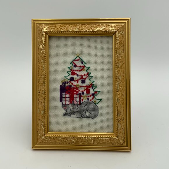 Handmade Other - Holiday Cat Cross Stitch Framed Art, Christmas Tree, Presents 6" Tall x 5" Wide